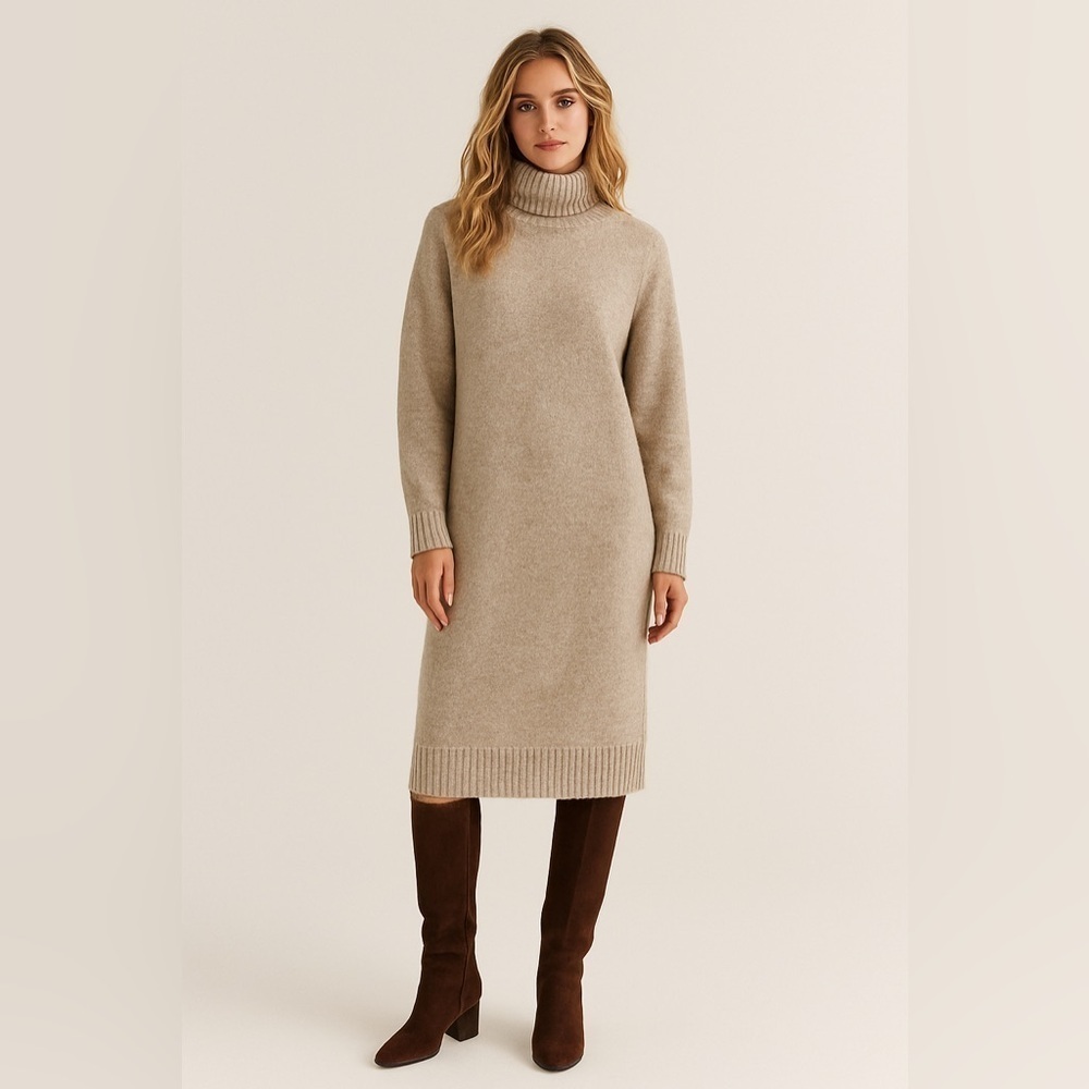 H&M Turtleneck Long Sleeve Sweater Dress Oversized Long Sleeve Neutral Tan sz XS